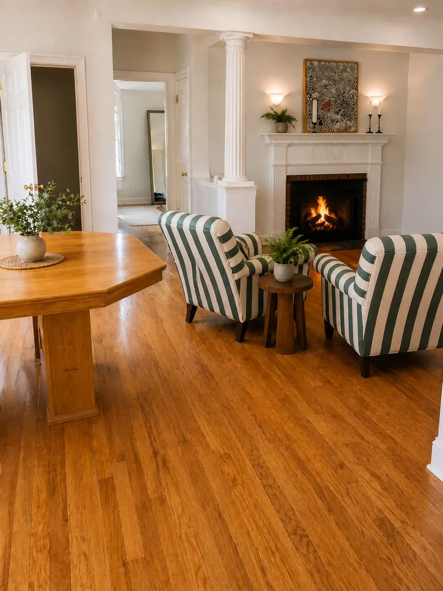 Two striped armchairs beside a lit fireplace