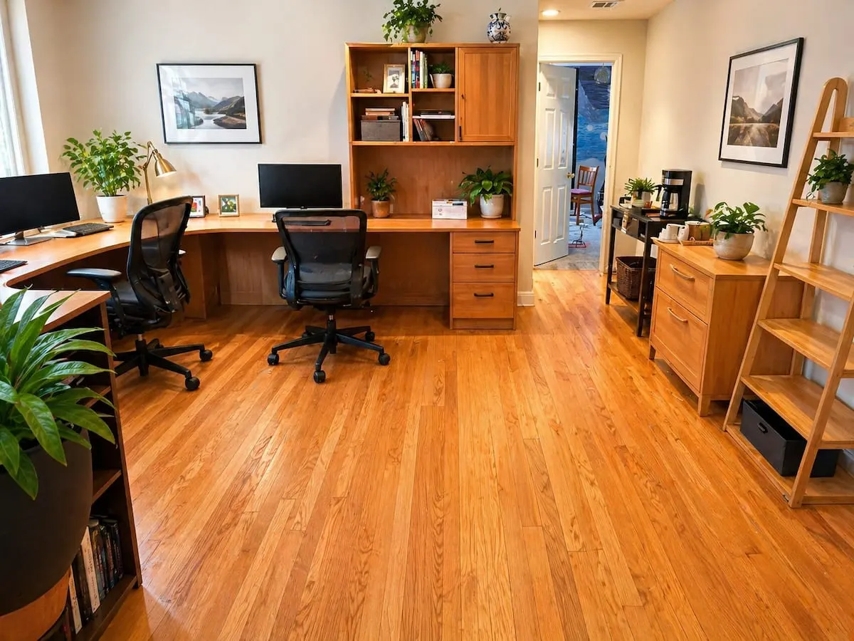 A bright home office with two desks, shelving and wood floors